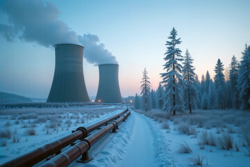 Winter nuclear power plant. A nuclear power plant with cooling towers emitting steam in a serene, snowy winter landscape at dusk, with pipelines in the foreground.