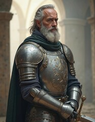 Medieval senior knight in armor holding holy sword. Generate AI