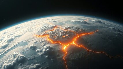 Dramatic planet view with glowing fissures, representing catastrophic geological event or environmental transformation, set against a cloudy atmosphere and dark outer space backdrop.