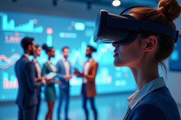 Virtual Reality Meeting: Person in Headset Analyzing Financial Data with Animated Characters in Digital World