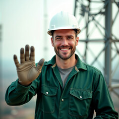 Happy worker waving hello. A handsome Caucasian male engineer with a beard, wearing a hard hat and work clothes, smiles and waves from a high-elevation work site.