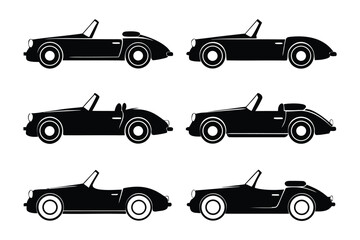 Classic Car Silhouette: A set of six stylized silhouettes of classic convertibles. Each car exudes elegance and style. showcasing the beauty of classic car design.