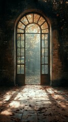 Obraz premium Arched Doorway Leading to Autumn Forest with Sunlight