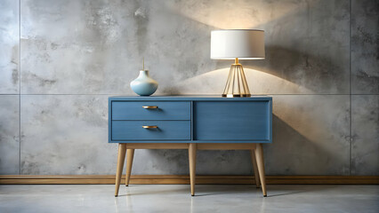 Stylish Blue Sideboard with Lamp and Ceramic Vase