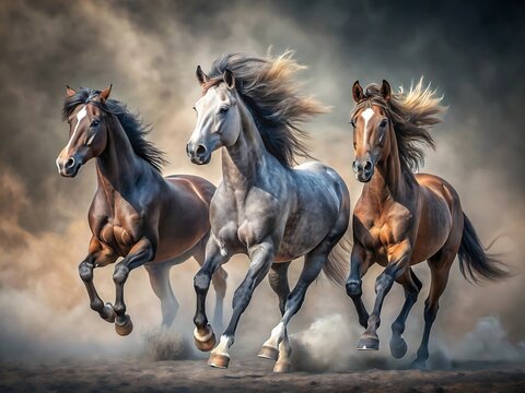 Three powerful horses gallop freely through a dusty landscape