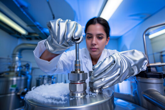 Scientist with cryogenic equipment. Female researcher in a lab coat and protective gloves working with a cryogenic storage container.