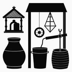 Village well water collection equipment bucket