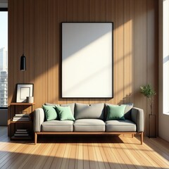 Elegant gold frame mockup with teal armchairs and red paneled wall interior design for living room decor
