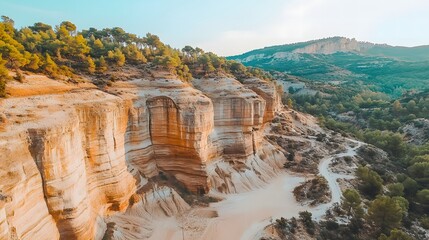 Scenic Sandstone Cliffs with Lush Green Trees Under Clear Blue Sky
