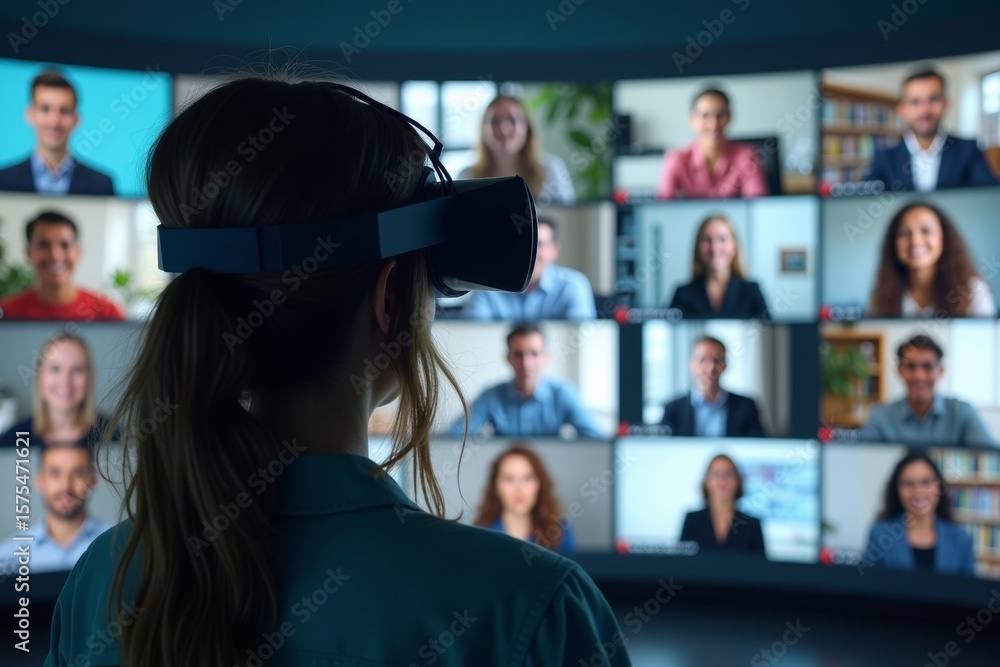Poster immersive virtual reality headset with multi-screen video chat interview interface