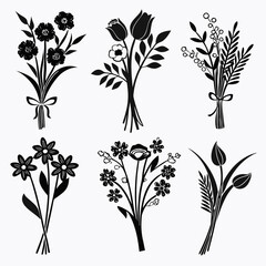 Six black floral bouquets with tied stems flowers leaves