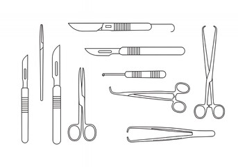 Surgical instruments line art features scalpels, forceps, and scissors.