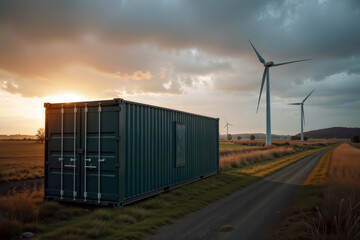 Renewable energy storage container. A BESS, battery energy storage system, in a shipping container next to a rural road with wind turbines in the background at sunset.