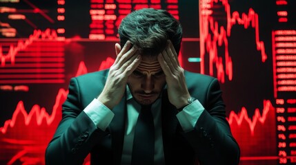 A stressed businessman holds his head in front of red stock market graphs indicating financial losses or market downturn.