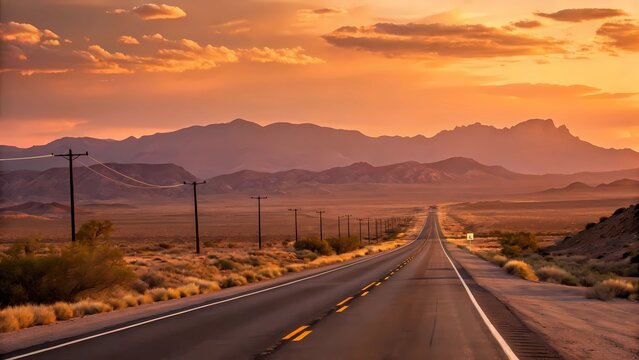 Desert highway road trip at sunset with mountains and orange sky scenic landscape photography travel usa