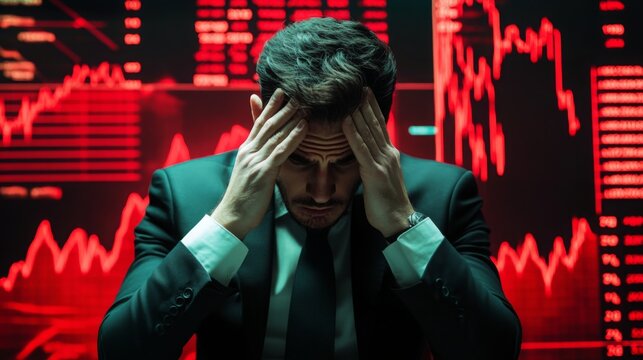 A stressed businessman holds his head in front of red stock market graphs indicating financial losses or market downturn.