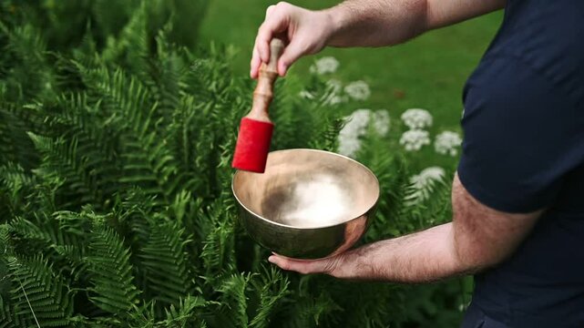 Man Using Singing Bowl in Nature &ndash; Sound Therapy Ritual in Fern Garden