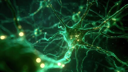 3D rendered glowing green neural network of biological brain synapses in dark space perfect for artificial intelligence, neuroscience research and futuristic medical visualizations