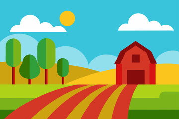 Fototapeta premium Cartoon Farm Fields with Red Barn Landscape