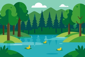 Wild Forest with Tall Trees and Animal Life Drawing