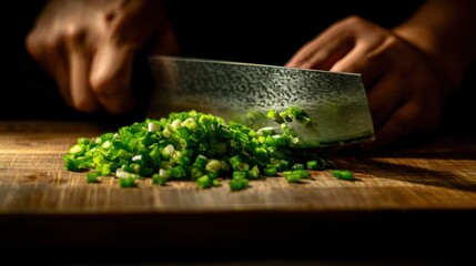 Chef slicing fresh green onions on a wooden cutting board under warm focused lighting perfect for cooking tutorials, food preparation visuals and culinary-themed advertising content