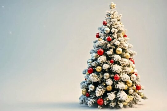 Elegant christmas tree rotated with falling snow on white background