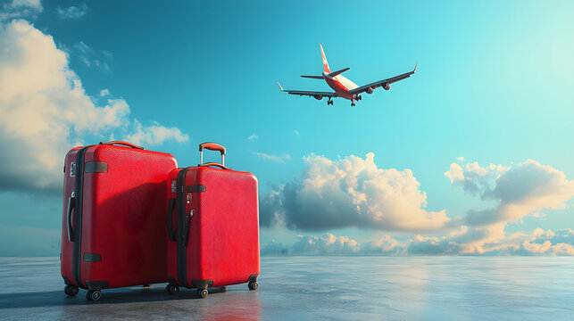 Lost baggage suitcase coverage with travel insurance protection High quality studio shot of two red travel suitcases with airplane