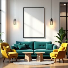 Modern living room decor set with teal sofa, yellow armchairs, and blank framed art print, interior design