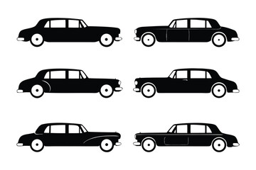 Classic Sedan Variety: Six stylized, sleek black sedans are artfully arranged, showcasing diverse designs and a uniform color palette, evoking a sense of elegance and sophistication in transport.