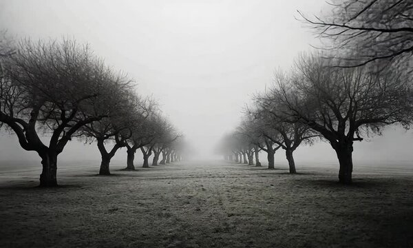 Foggy, monochrome landscape with bare trees