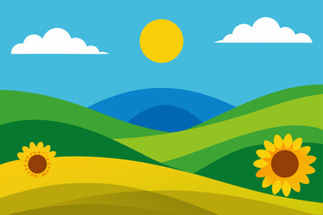 Fototapeta premium Sunflower Field and Blue Sky Hills Vector Scene