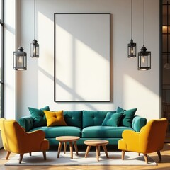 Modern living room decor with teal sofa, yellow accents, blank canvas, and pendant lights for home staging