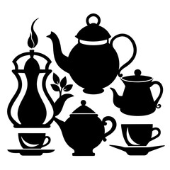 Traditional teapots and cups black silhouettes teacup coffee cup