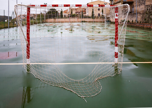 Waterlogged football pitch in Alcala de la Jovada