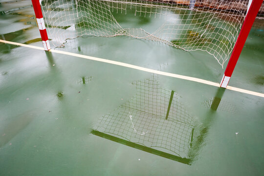 Waterlogged football pitch in Alcala de la Jovada