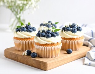 블루베리 컵케이크와 꽃이 어우러진 달콤한 디저트 A sweet dessert combining blueberry cupcakes and flowers
