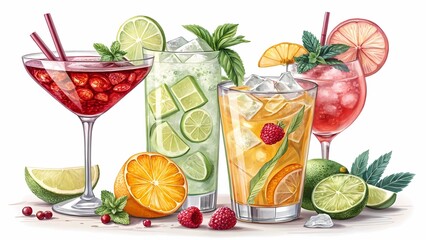 Refreshing summer cocktails drinks with fruits and ice cubes for party celebrations and gatherings