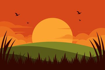 Obraz premium sunset over grassy fields with birds in flight variation three