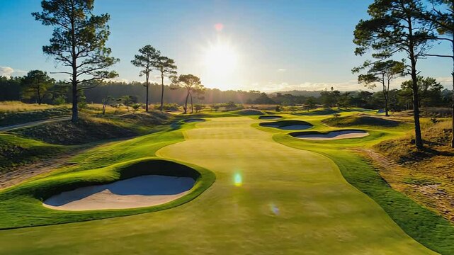 Sun shining over golf course with lush green fairway and sand bunkers