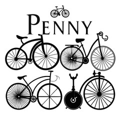 Vintage bicycle collection with penny farthing and modern styles retro transportation