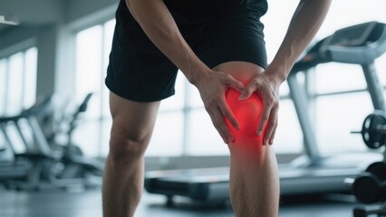A man in the gym, pressing his knees with both hands, with red highlights on the knees, showing sports injury conditions.