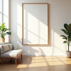 Fototapeta premium Minimalist wooden frame blank canvas art print poster mockup for interior wall decor living room display