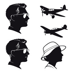Vintage people and airplanes silhouettes retro