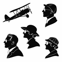 Vintage silhouettes of people and airplane biplane