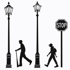 Vintage street lamps and pedestrian silhouettes pedestrians walking