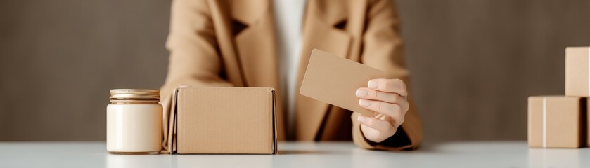 Seamless E-Commerce Transactions with Secure Payment Gateway Solutions, A person holds a card near a jar and boxes on a minimalistic table.