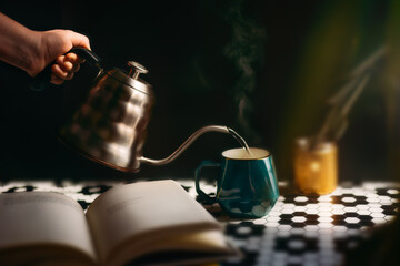 Hand pouring tea with steam in sunlight