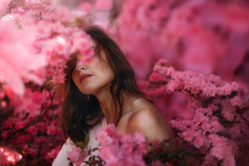 Woman posing in Azalea flowers in spring