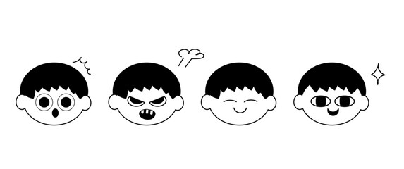 Set of expressive boy faces with manga-style symbols – black and white vector