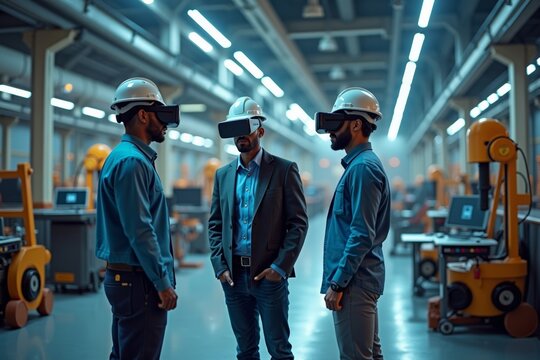 African American Engineers in VR Conduct Virtual Inspection of Futuristic Industrial Plant